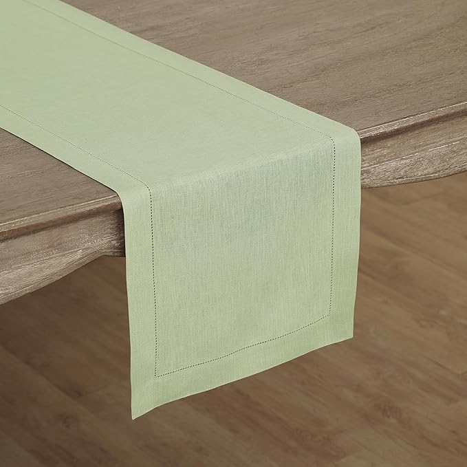 Solino Home Linen Sage Green Table Runner 144 Inches Long - 100% Pure Linen Extra Long Table Runner 14 x 144 Inch for Fall, Autumn, Thanksgiving - Classic Hemstitch