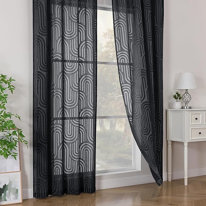 Simplebrand Sheer Black Curtains Kitchen 36 Inch Length 2 Panels Set for Window, Soft Airy Geometric Jacquard Semi Sheer Curtains for Bathroom, Modern Rod Pocket Window Curtains, 42Wx36L Inches