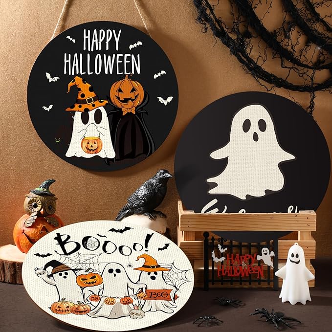 3 Pcs Happy Halloween Door Decorations Halloween Wreath Cute Ghost Pumpkin Front Door Decor Bat Hat Welcome Hanging Sign Wooden Front Hanger for Farmhouse Wall Indoor Home Decor