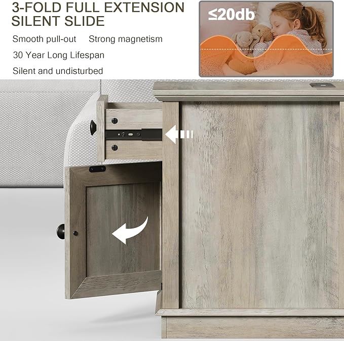 End Table with Charging Station, 18" Side Table with Drawer, Bedside Table Living Room, 24" Tall Nightstand with Drawer for Bedroom, Light Grey.