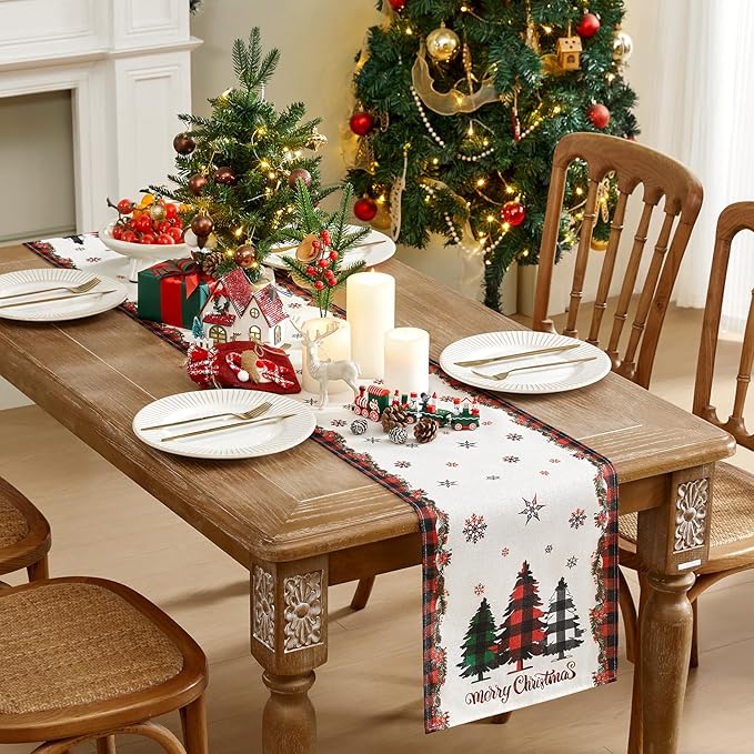 Christmas Table Runner - Xmas Tree Snowflakes Pine Needles Winter Holiday Decorative Farmhouse Table Decorations for Kitchen Dinning, Indoor Outdoor Dinner Party Decor 13x72 Inch