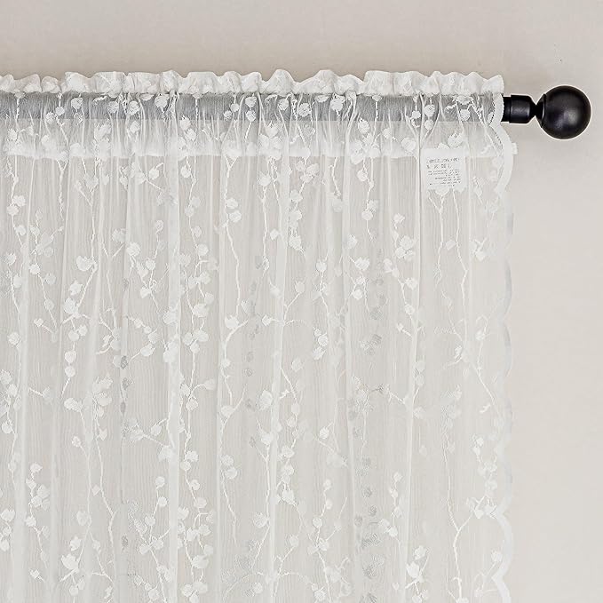 White Lace Semi-Sheer Curtains – Vintage Branch Pattern for Bedroom/Bathroom, Light Filtering Rod Pocket Drapes, Privacy Chic Window Treatments Scalloped Hem, 52W x 72L Inch, 2-Panel Set