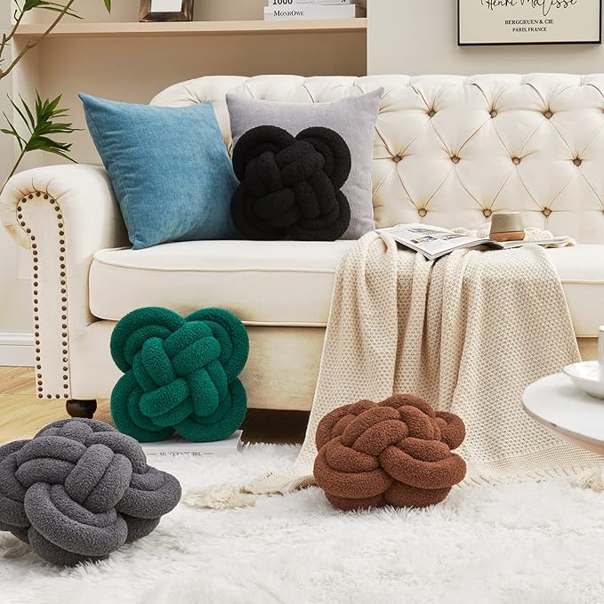 Xiashrk Knot Pillow Ball, 12" Soft Decorative Throw Pillows for Couch Bed, Dark Brown Knotted Plush Throw Pillow Handmade Square Cushion Home Couch Decor Pillows for Living Room