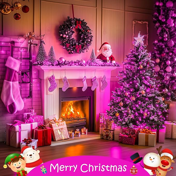 JMEXSUSS 33ft 100 LED Pink Christmas Lights, Pink Battery Operated Lights with 8 Modes Remote, Indoor Outdoor String Light for Bedroom Christmas Party Tree Decorations