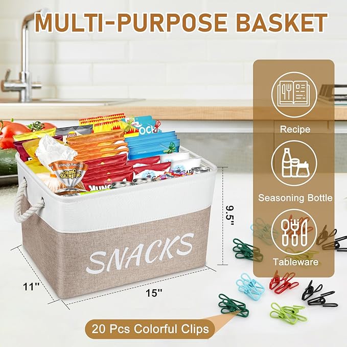 2 Pack Snack Organizer for Pantry,Decorative Snack Basket with 20 Pcs Chip Clips, Collapsible Snack Organizer for Countertop, Pantry Shelf, Office, Kitchen and More