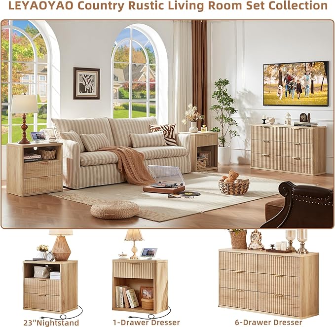 LEYAOYAO Fluted Farmhouse Nightstand Set of 2 with Charging Station, 23" Wide 1 Drawers End Table,Natural Dresser for Bedroom,Bed Side Table Chest of Drawers Cabinet,Wood Night Stand for Living Room