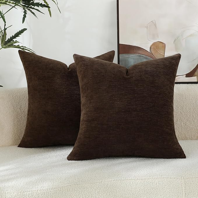 Coffee Brown Chenille Decorative Couch Throw Pillow Covers, Soft Cushion Cases for Home Livingroom Sofa Décor, Pack of 2, 14 x 14 Inches