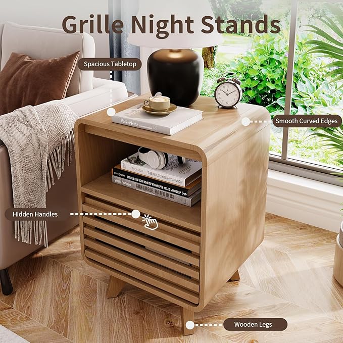 Fluted Night Stand Nightstand with Drawer Storage Grille Bed Side Table End Table Large Modern Wide Bedside Stand Tall Night Stands for Bedroom Living Room Sofa Couch Home Office, Natural Oak
