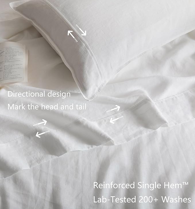 Talasily 100% French Pure Linen Sheets Set Twin Size,Oeko-TEX Certified Bedding, All-Season Breathable for Hot Sleepers,16 Inch Deep Pocket Machine Washable 3-Piece (White)