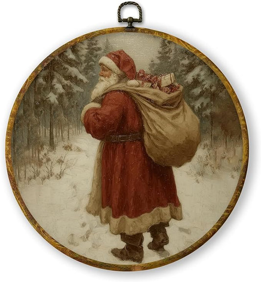 QZQE Vintage Santa Christmas Round Wall Art Decor Framed, Retro Christmas Circle Canvas Prints, Rustic Winter Snowy Xmas Santa Circular Wall Hanging Decor for Home Bedroom Living Room, 10x10 Inch