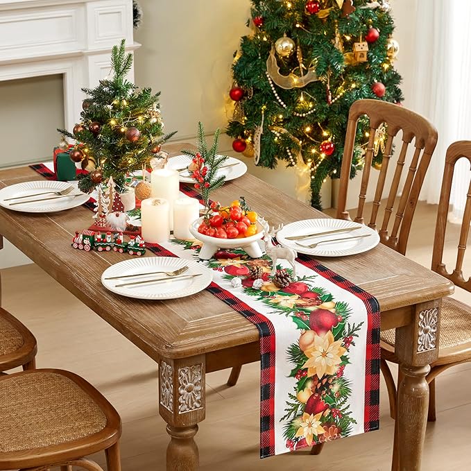 Christmas Table Runner - Xmas Balls Flowers Red Buffalo Plaid Check Winter Holiday Decorative Farmhouse Table Decorations for Kitchen Dinning, Indoor Outdoor Dinner Party Decor 13x72 Inch