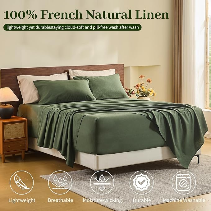 MEISHANG 100% French Pure Linen Sheets Queen Size - 6 PC Extra Deep Pocket Sheet Set, Soft Durable Flax Linen, Anti-Tear Breathable & Oeko-Tex Certified 18-24 Deep Pocket,All Season(Forest Green)