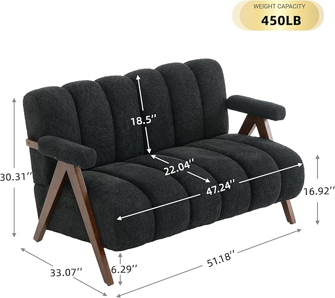 Mid Century Modern Accent Chair Loveseat Sofa with Solid Wood Frame, Boucle Upholstered Living Room Chairs with Thick Cushion, Comfy Tufted Arm Chair for Bedroom, Black