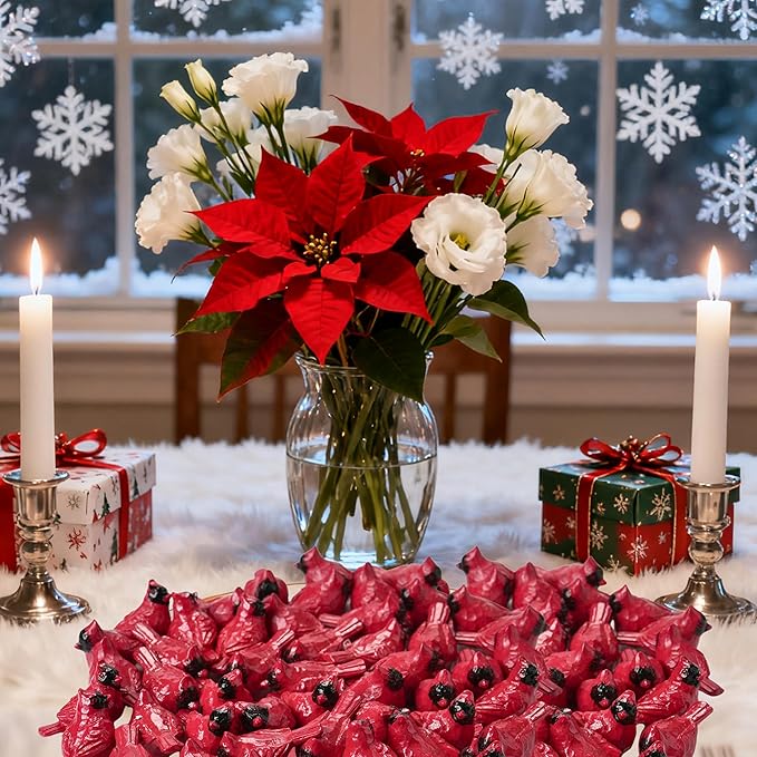 50PCS Small Cardinal Figurines for Christmas, Mini Cardinals, Resin Red Birds Miniatures, Festive Decor for Tree, Wreaths, Village Displays, Trays, Holiday Crafts