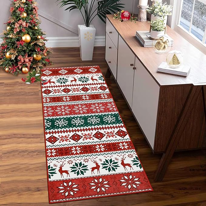 Hallway Runner Rug for Holiday 2x10 Non Slip Christmas Kitchen Runner Rugs Stain Resistant Low Pile Boho Xmas Decor Long Area Rugs Christmas Snowflakes Runners Carpet for Bedside Living Room, Red