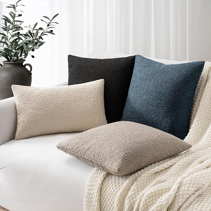 Woaboy Pack of 2 18x18 Inch Decorative Boucle Throw Pillow Covers Textured Square Pillowcaes Accent Solid Cozy Soft Cushion Covers Home Decor for Sofa Couch Living Room Home Decor,Light Brown
