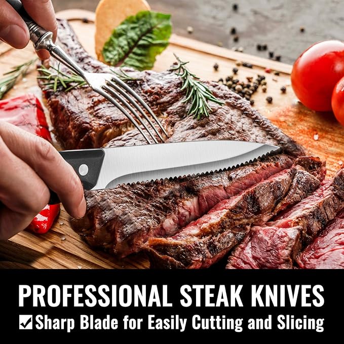 Hiware 24-Piece Silverware Set with Steak Knives, Stainless Steel Flatware Cutlery, Mirror Polished Flatware Serving Utensils Set for 4, Includes Forks Spoons Knives Silverware, Dishwasher Safe