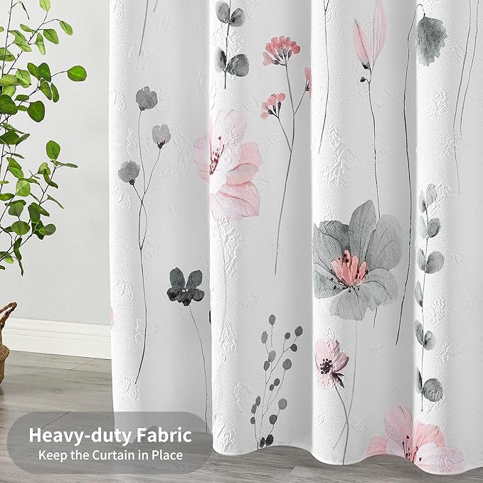 QiyI Small Stall Shower Curtain 36 x 72, Narrow Half Watercolor Floral Bath Curtain, 3D Embossed Grey Pink Flower Cloth Bathroom Curtain, Waterproof Fabric White Shower Curtain Set with Hooks