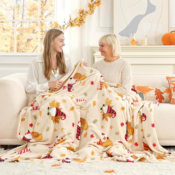 Cozy Bliss Gnome Fall Blankets Harvest Pumpkin Maple Twin Size Blanket - Warm MilkyPlush™ Blankets Ultra Soft Warm Cozy Blanket for Bed,Beige,60X80inches