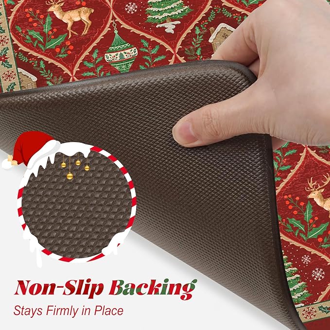 Collive Christmas Tree Kitchen Floor Mats, Cushioned Anti Fatigue Kitchen Rugs 2 Piece Morocco Xmas Elk Sink Mat Waterproof, Non Slip Comfort Standing Rug for Home Decorations 17"x30"+17"x47"