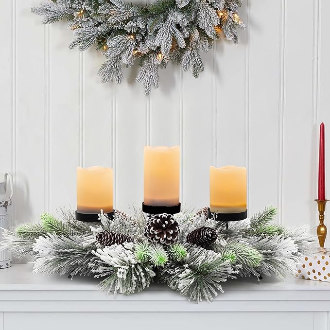 BAYN Christmas Centerpiece Table Decorations, Handcrafted Snowy Pine Cones and Pine Needles with 3 Candle Holders for Dining Table Fireplace Mantel - 27.5 in
