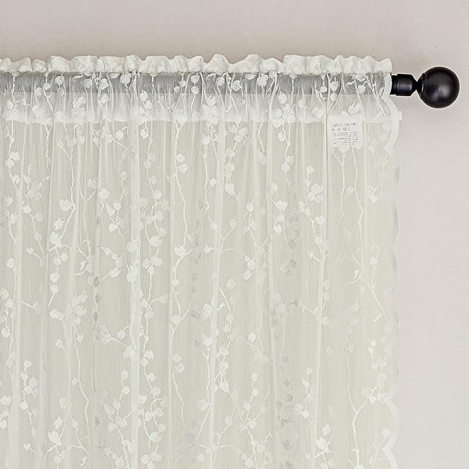 Ivory Lace Semi-Sheer Curtains – Vintage Branches Pattern for Bedroom/Bathroom, Light Filtering Rod Pocket Drapes, Privacy Chic Window Treatments Scalloped Hem, 52W x 72L Inch, 2-Panel Set