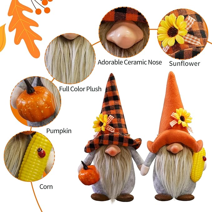 CRCZK Fall Gnomes Plush Decor, 2Pack Thanksgiving Buffalo Plaid Gnome Plush Tomte Swedish Gnomes with Pumpkin Corn Sunflower, Fall Harvest Gnomes Decor Thanksgiving Autumn Holiday Home Decor Gifts