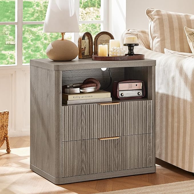 LEYAOYAO Fluted Nightstand with Charging Station, 23" Wide 2 Drawers End Table,Grey Night Stand with Open Storage Cabinet, Farmhouse Bed Side Tables, Wood Dresser for Bedroom, Living Room, Closet