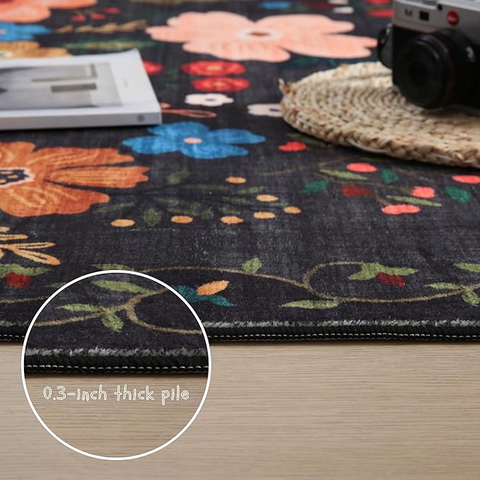 Rugcomf Living Room Rug 5x7 Rug Machine Washable Boho Area Rug Non Slip Floral Vintage Low Pile Large Rugs for Living Room, Bedroom, Farmhouse, Dining Room, Kids Playroom(Black)