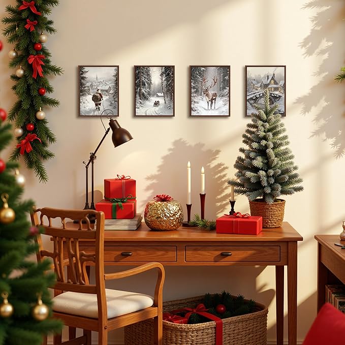 DOFQZ Winter Christmas Wall Art Prints Set of 4, Farmhouse Christmas Decor, Rustic Winter Santa Reindeer Forest Village Landscape Posters for Home Bedroom Living Room Decor, 8x10 Unframed