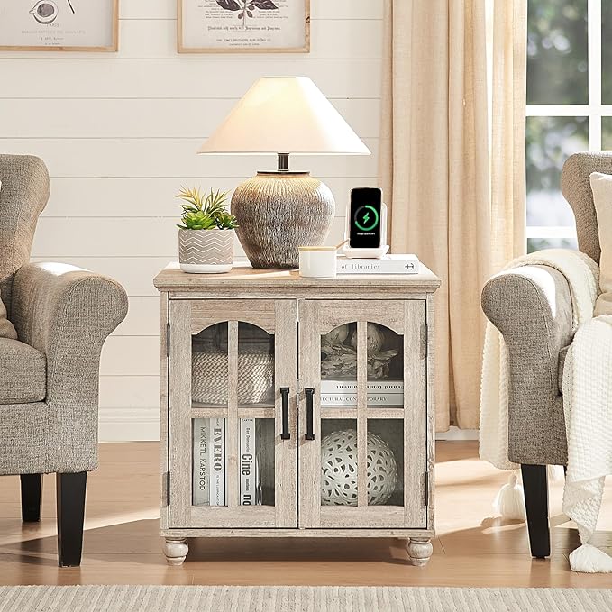 Farmhouse End Table with Charging Station,24" Large Sofa Side Table with Glass Barn Door,Rustic Wood Night Stand with Adjustable Storage Shelf,Square Bedside Table for Living Room,Bedroom Office