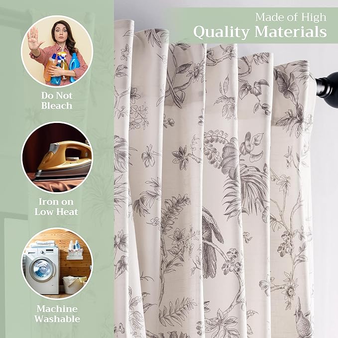 Maison d' Hermine Curtains for living room 100% Cotton 108 inch length One Panel Light Filtering Toile Curtains for Bedroom Windows with rod and loop Pockets Drapes (Jouy Paradise Beige, 50"W x 108"L)