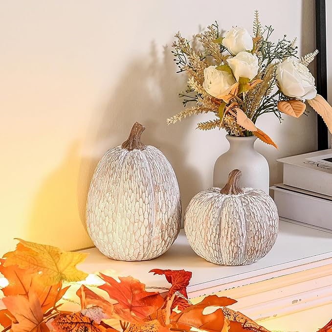 Artificial Pumpkin Decor, Brown and White Decorative Pumpkins, Thanksgiving Resin Pumpkins Figurine Set of 2, Carved Pumpkin Statues for Rustic Fall Tabletop Home Decor, Harvest, Wedding