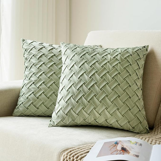 Velvet Decorative Throw Pillow Covers Set of 2, 18x18 Inch Soft Modern Weave Cushion Case, Farmhouse Home Decor Pillowcase for Sofa Living Room Couch Bed Sage Green