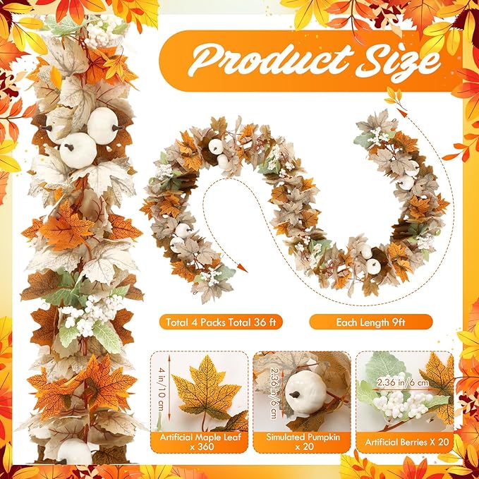 4 Pcs Fall Garland Fall Decor 9ft Autumn Maple Leaves Pumpkin Berry Garland Thanksgiving Halloween Mantle Fireplace Farmhouse Harvest Decorations for Home Mantle Fireplace Porch Table
