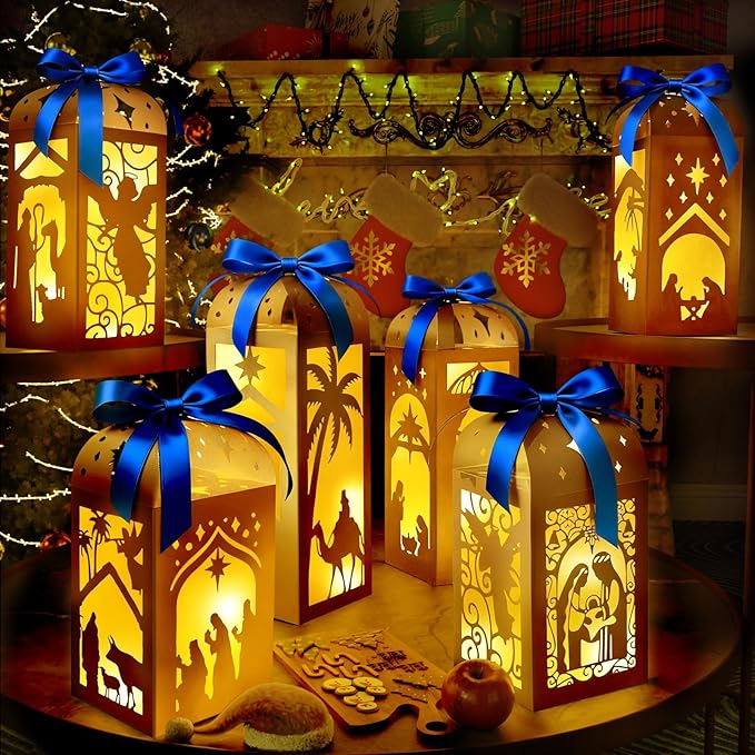 OuMuaMua Christmas Nativity Centerpiece Table Decorations, 6 Pcs Light Up Nativity Scene Paper Lanterns Decorative Glitter Table Centerpiece Boxes for Religious Xmas Holiday Party Home Decor