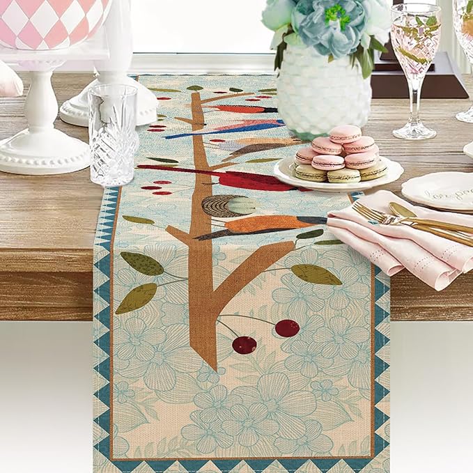 Seliem Spring Summer Birds Blue Table Runner, Cardinal Chickadee Bluebird Branch Red Berry Kitchen Dining Table Decor, Flower Nest Egg Burlap Home Decoration Indoor Outdoor Party Supply 13 x 72 Inches