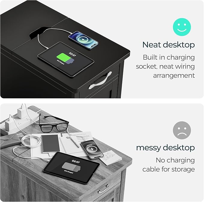 LINSY HOME End Table Set of 2 with Charging Station, Modern Farmhouse Sofa Couch Side Table, Wooden Bedside Table for Living Room Bedroom, Narrow Nightstand with Storage for Small Space, Black