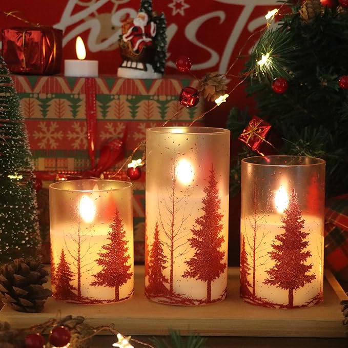 DRomance Christmas Tree Glass Flameless Candles with Remote Timer Battery Operated Real Wax 3D Wick LED Flickering Pillar Candles Christmas Holiday Decor(Red, 3 x 4,5,6 Inch)
