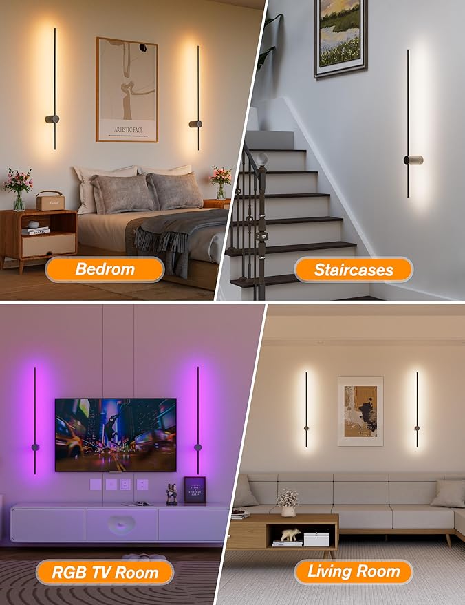 Battery Operated Wall Sconces Set of 2,10000mAh Rechargeable Wireless Sconces with Remote Control,Halloween Decor Dimmable Wall Lamps with 7 Colors,35.4 Inch Modern Black Wall Lights