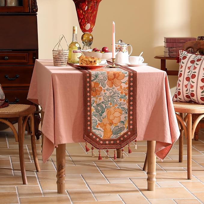 Designer Vintage Floral Printed Table Runner,French Soft Linen Farmhouse Table Runners 87 Inches Long,Italian Decor Tabletop for Kitchen,Dining,Party,Home,Christmas,12"*87"