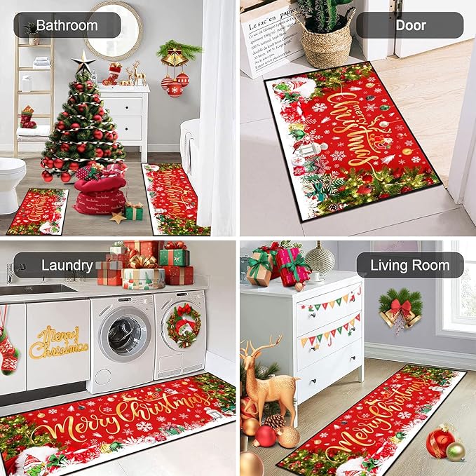 ACZHHZC Merry Christmas Kitchen Rugs and Mats Set of 2, Winter Snowflake Xmas Tree Holiday Home Kitchen Decor Floor Mats, Washable Non-Slip Sink Carpet (Christma 2, 17"x47"+17"x30")