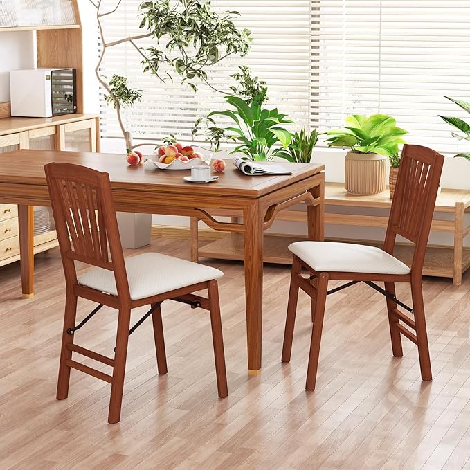 COSTWAY Folding Dining Chairs Set of 2, Upholstered Wooden Dining Room Chairs with Fabric Padded Seat, Solid Wood Frame and 400LBS Capacity for Kitchen Apartment (Beige & Brown)