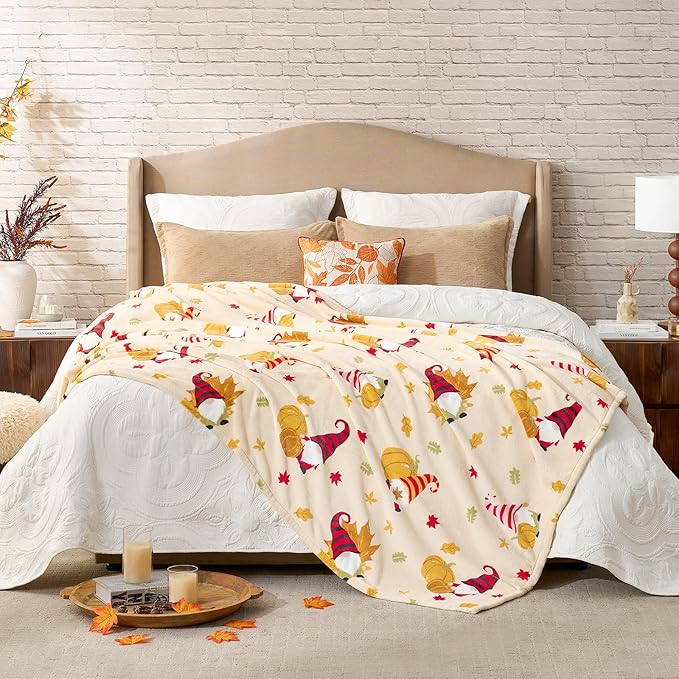 Cozy Bliss Gnome Fall Blankets Harvest Pumpkin Maple Twin Size Blanket - Warm MilkyPlush™ Blankets Ultra Soft Warm Cozy Blanket for Bed,Beige,60X80inches