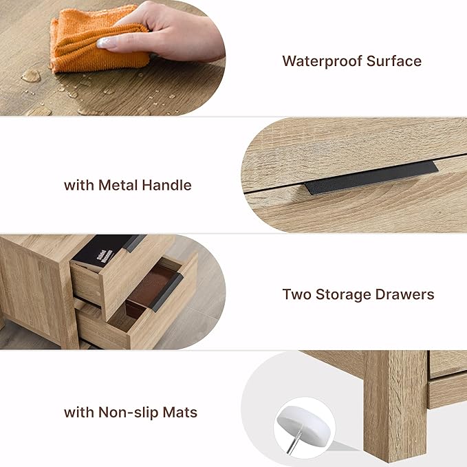 21" Farmhouse Nightstand Set of 2 with Charging Station 2 Drawers Large End Table with Metal Handle Rustic Low Night Stand Wood Dresser for Living Room Bedroom Closet,Natural Oak