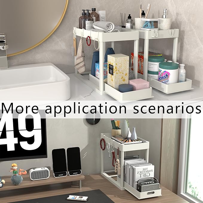 2PC Under Sink Organizer Rack 2 Tier Under Sliding Cabinet Basket Organizer Drawer with 4 Hooks, Multi-purpose Under Sink Storage for Bathroom Kitchen Desktop(White)