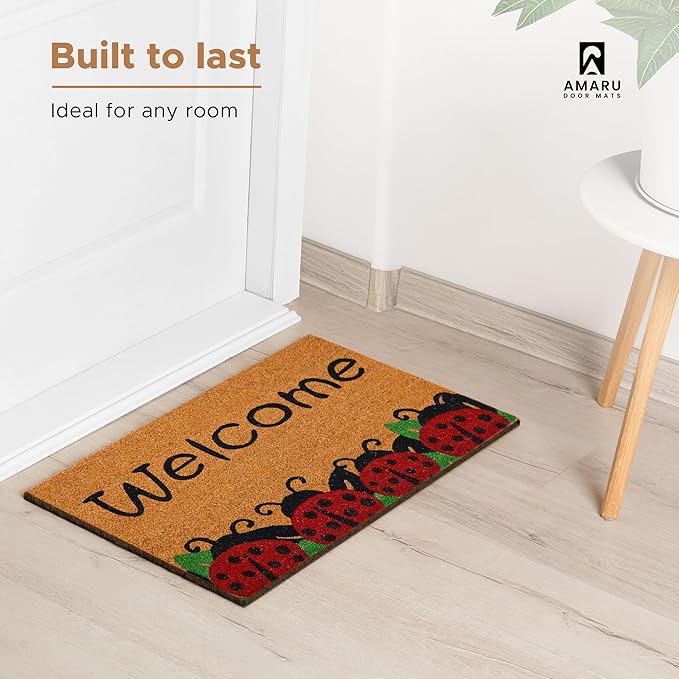 Ladybugs - 17"x29" - Coir Door Mat with Heavy Duty Backing - Welcome Mats for Entryway, Porch - Anti-Slip PVC & Coconut Fiber Surface - Natural Home Accessories, Minimalist Original Design