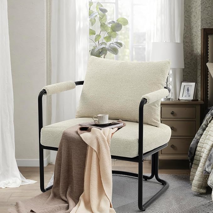 Mid-Century Modern Accent Chair, Comfy Upholstered Lounge Arm Chair with Chenille Fabric for Living Room, Bedroom, Apartment, Reading Corner, Office, Cream Beige