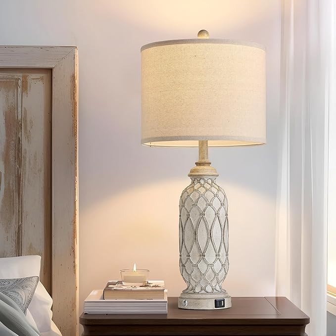 Farmhouse Table Lamps for Bedroom Set of 2, 28" Rustic Bedside Lamp with USB Ports, 3-Way Dimmable Nightstand Table Lamp for Living Room with Linen Drum Shade (Bulbs Included)