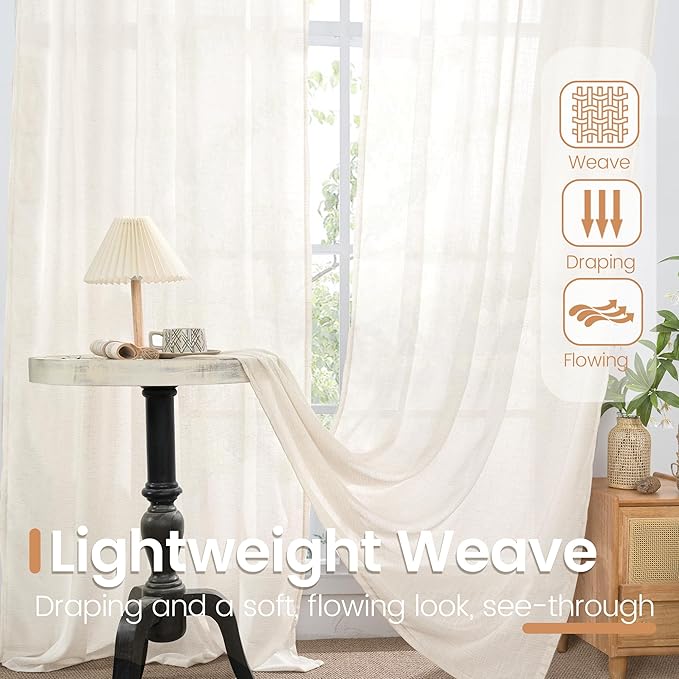 BGment Linen Semi Sheer Curtains 63 Inch Length for Living Room - Ivory Textured Light Filtering Window Drapes with Rod Pocket Lightweight Rustic for Farmhouse Bedroom, 2 Panels Set, 52 X 63 Inch